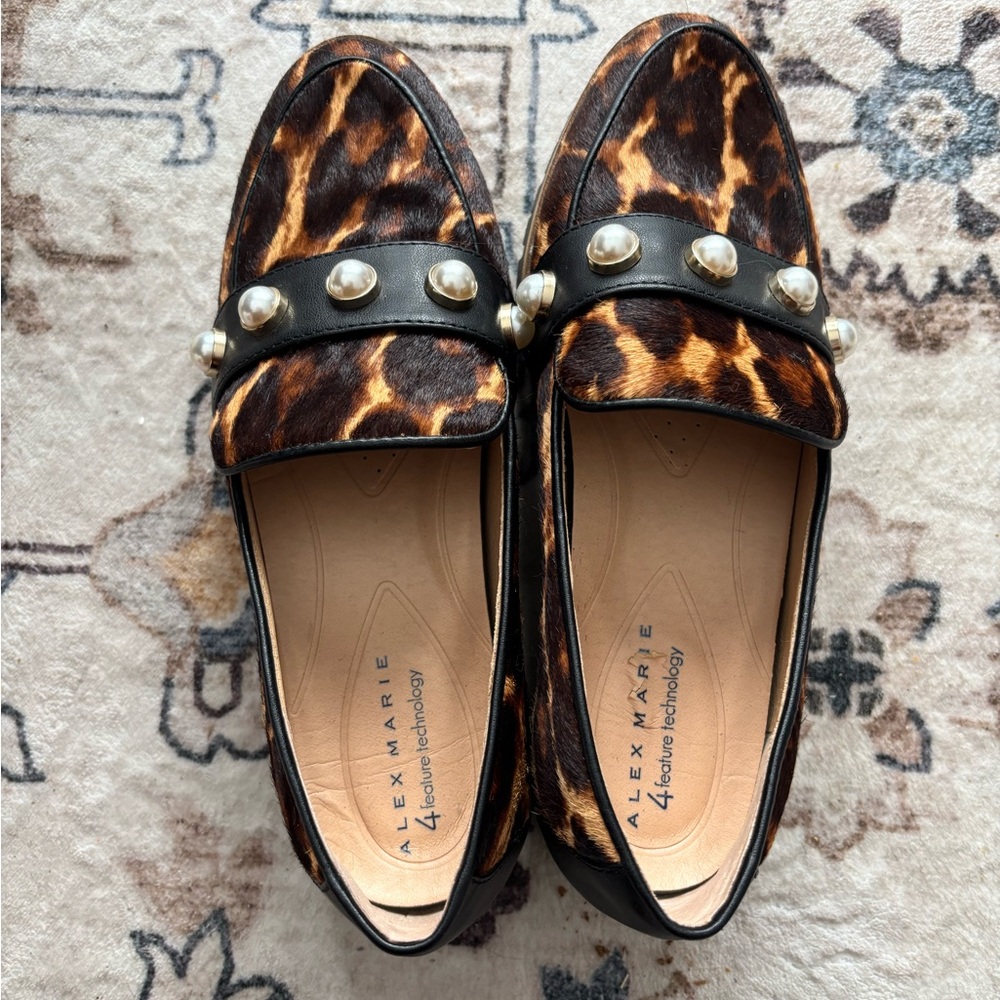 Alex Marie Brown Leopard Loafers with Pearl Details